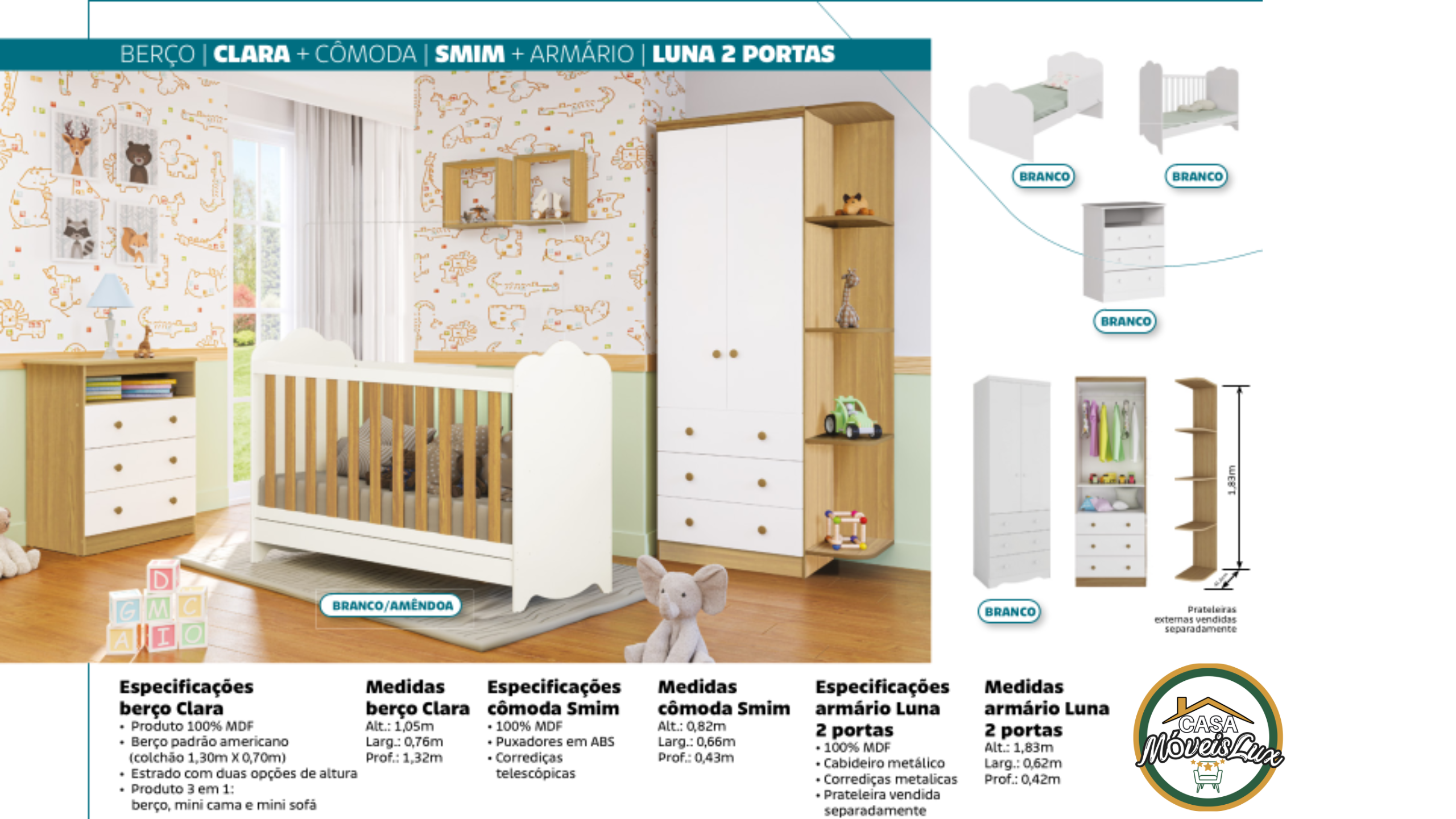 BERÇO CLARA + CÔMODA SMIM + ARMÁRIO LUNA 2 PORTAS