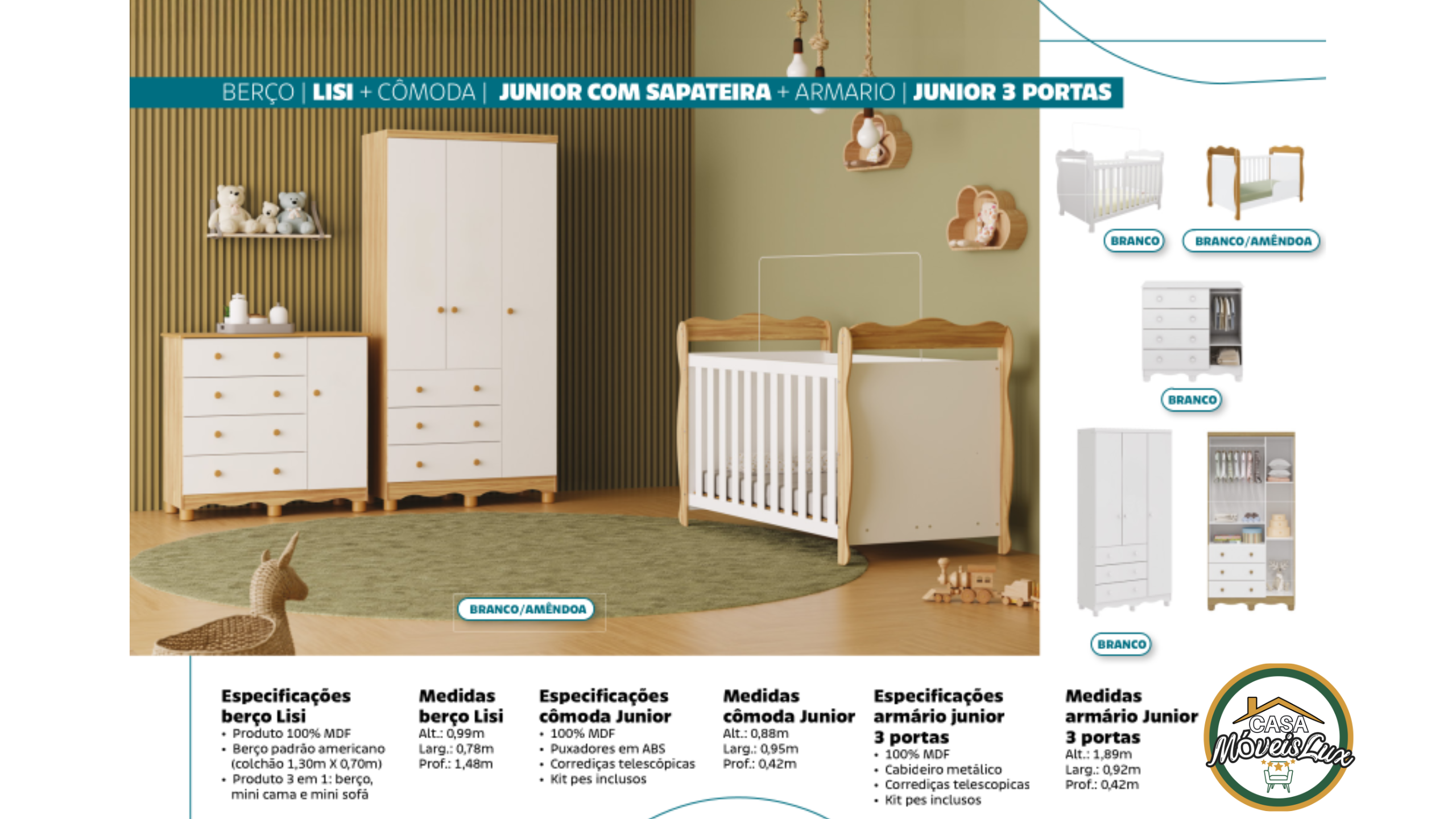 BERÇO LISI + CÔMODA JUNIOR COM SAPATEIRA + ARMARIO JUNIOR 3 PORTAS