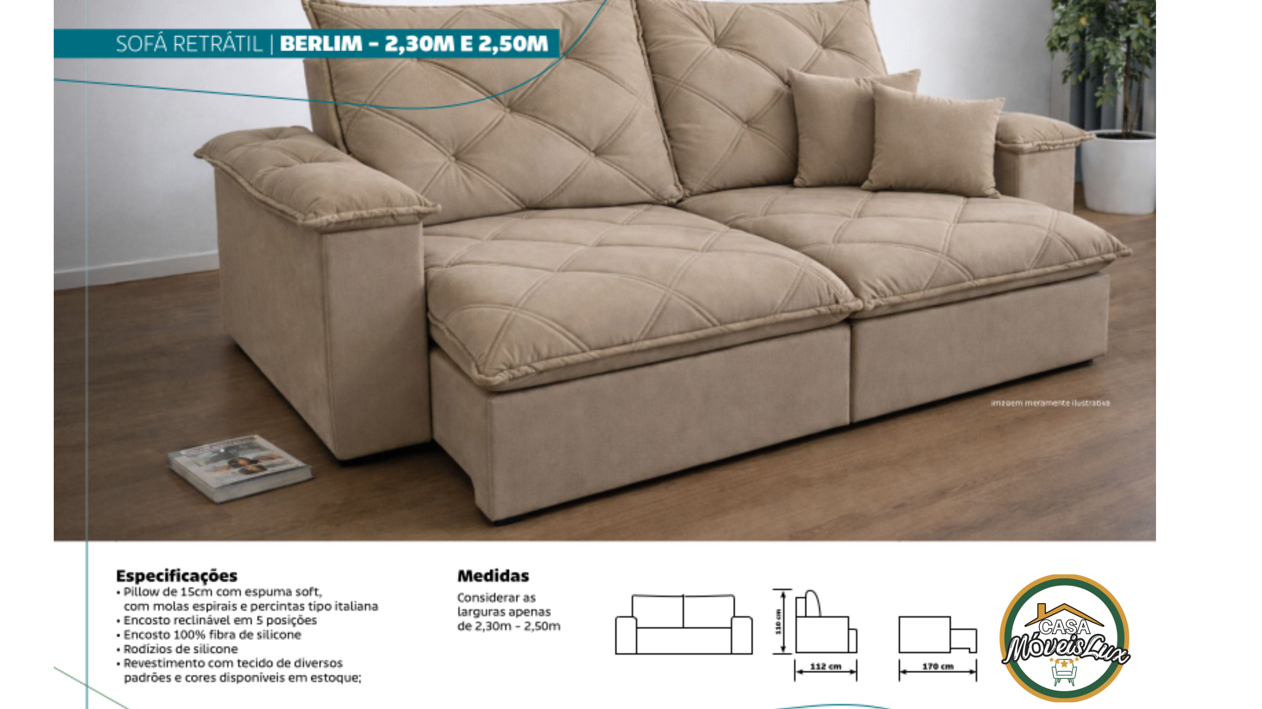 SOFÁ RETRÁTIL BERLIM - 2,30M E 2,50M